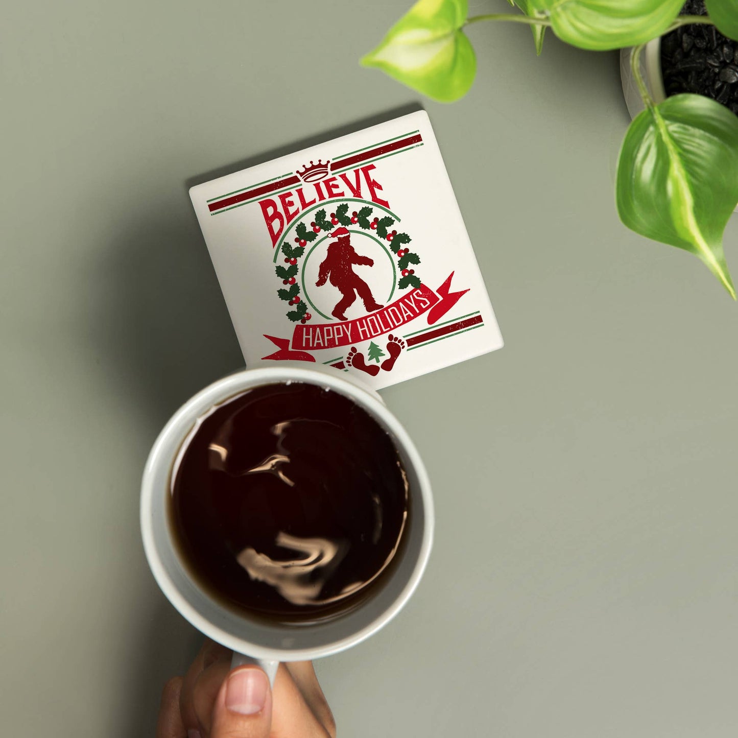 CERAMIC COASTER Bigfoot, Happy Holidays, Christmas