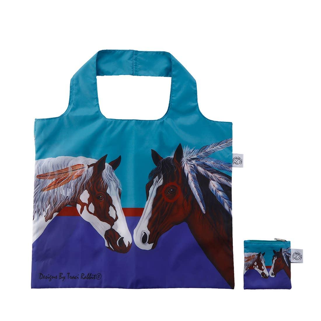 Foldable tote bag with Native-inspired horse and feather art, ideal for Indian craft supplies and traditional clothing shopping