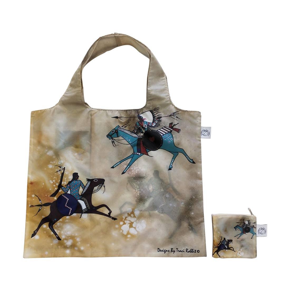 Native American art tote bag with horseback riders, traditional design by Traci Rabbit