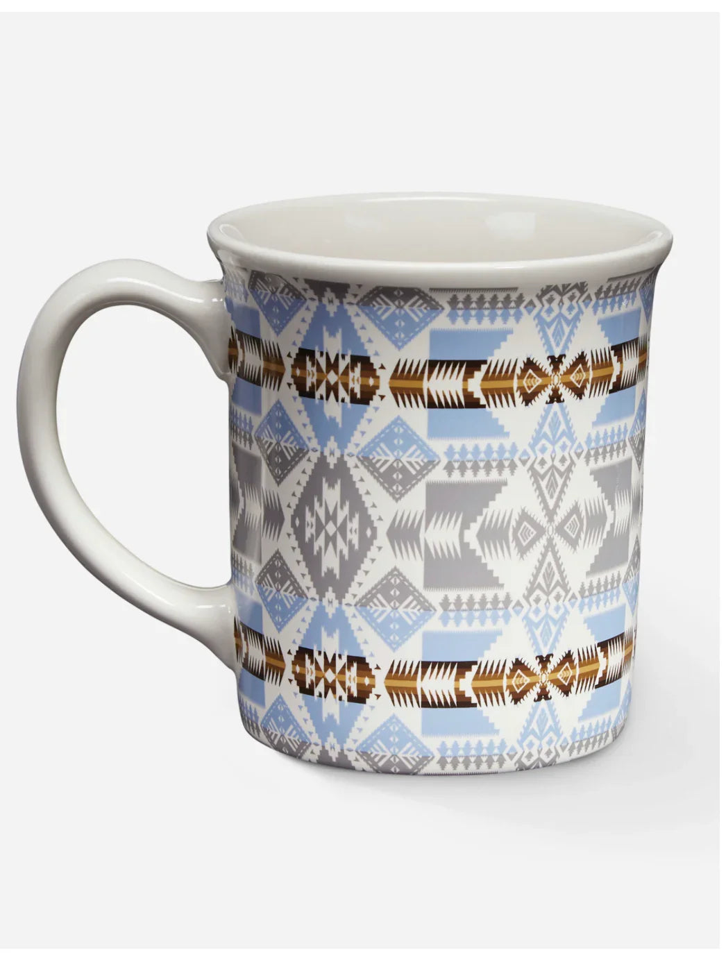 Ceramic mug with Native American geometric patterns in blue, gray, and brown