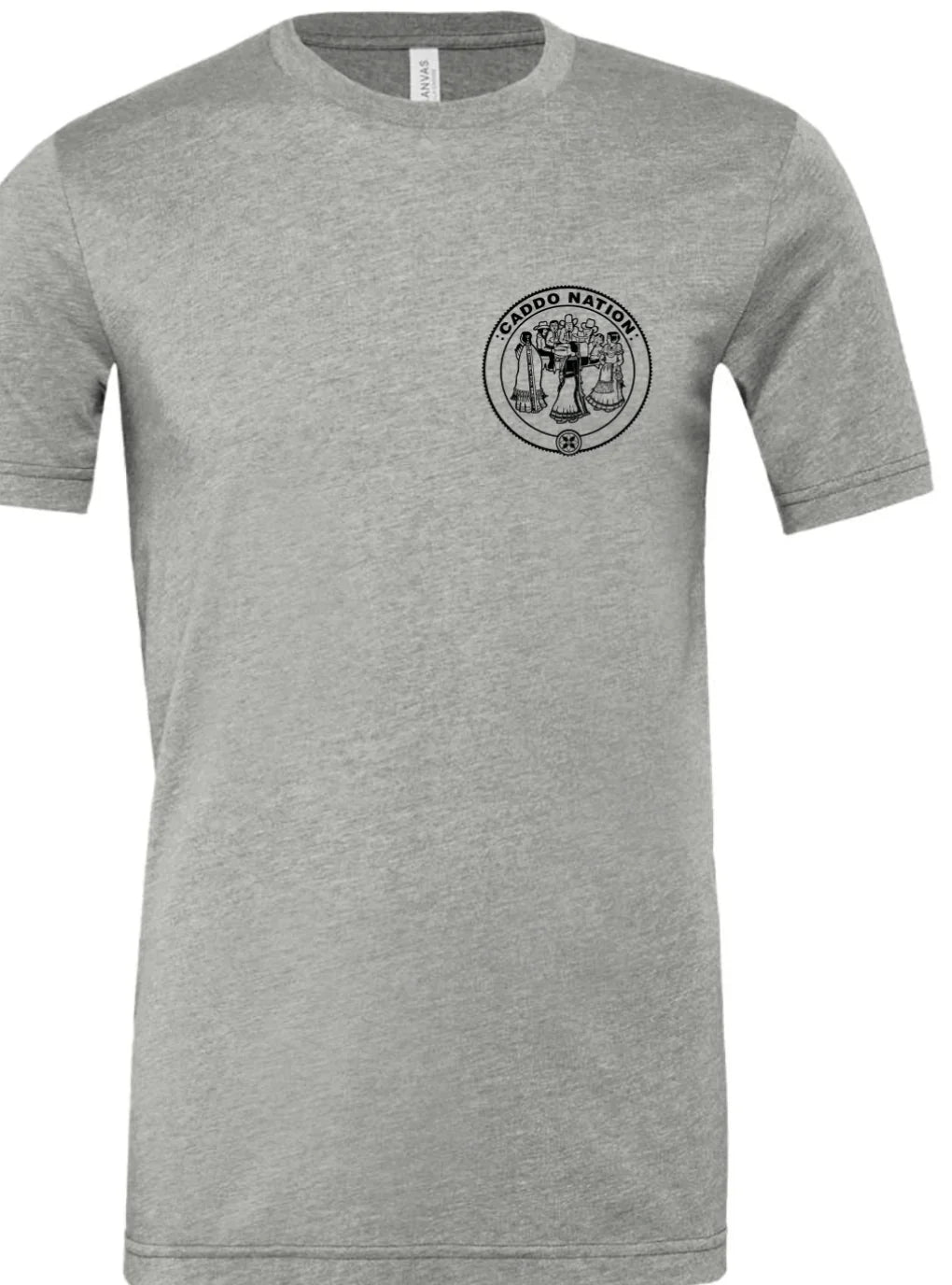Gray t-shirt featuring Caddo Nation emblem with traditional figures and cultural design.