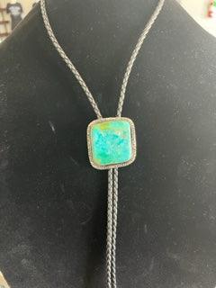 Turquoise square bolo tie with silver bezel, Native American craft supply for traditional clothing