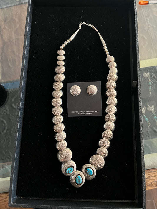 Silver and Turquoise Reversible Necklace and Earring Set