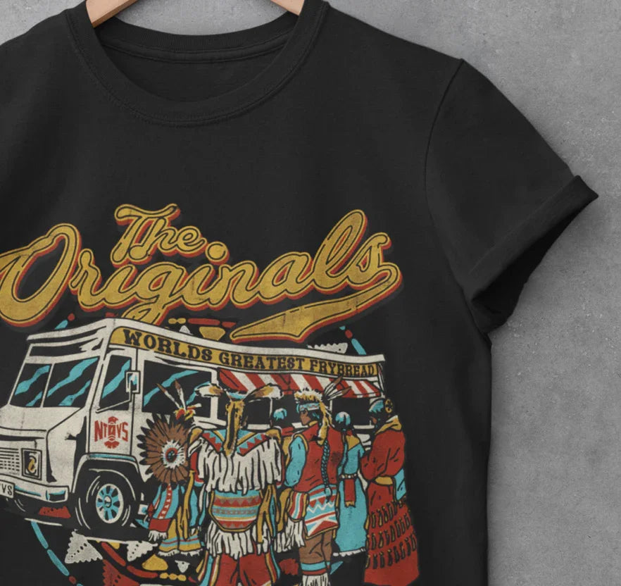 Black t-shirt with 'The Originals' graphic featuring Native American frybread truck and traditional dancers