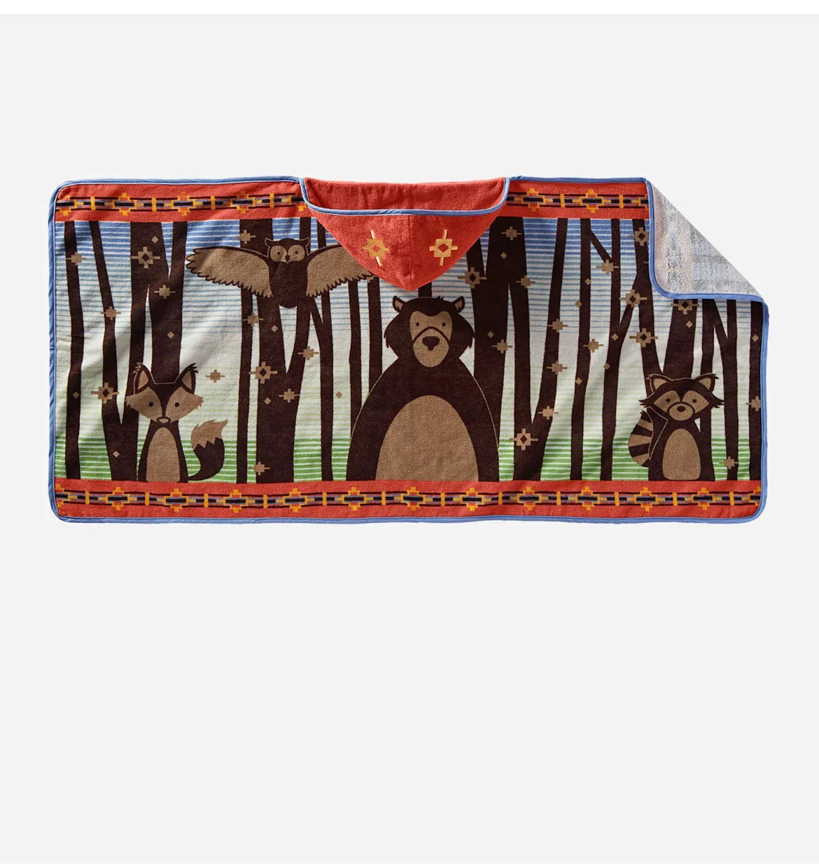 Woodland animal hooded blanket with bear, fox, raccoon, and owl in forest scene, tribal border design
