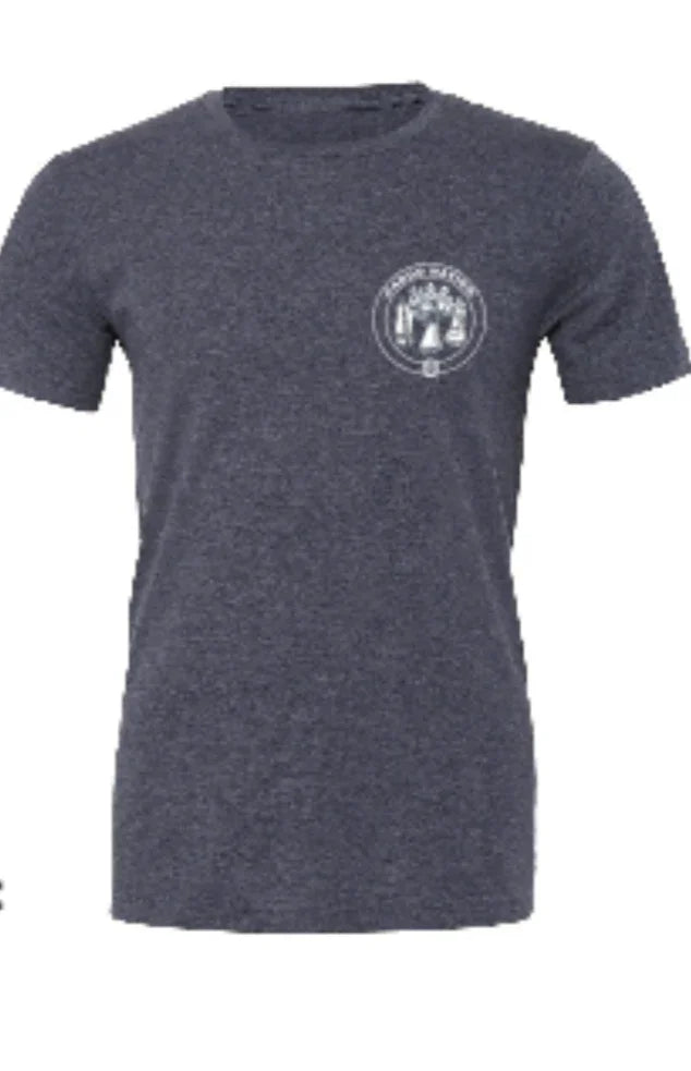 Navy blue t-shirt with Native American-themed circular logo design