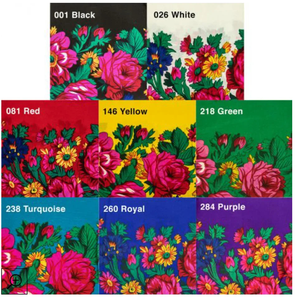 Vibrant floral fabric swatches in black, white, red, yellow, green, turquoise, royal, purple for Native art crafts