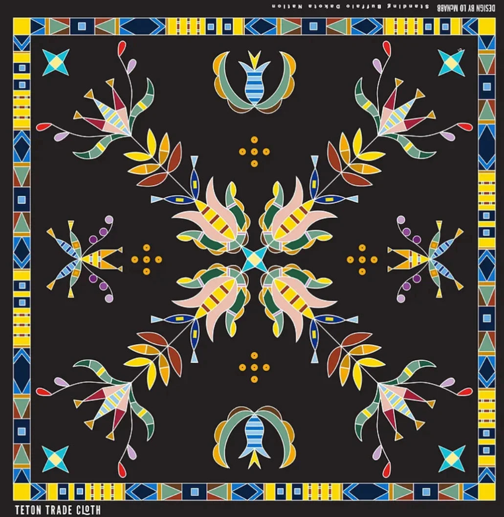 Vibrant Native American patterned trade cloth with geometric floral designs, ideal for traditional clothing and crafts.