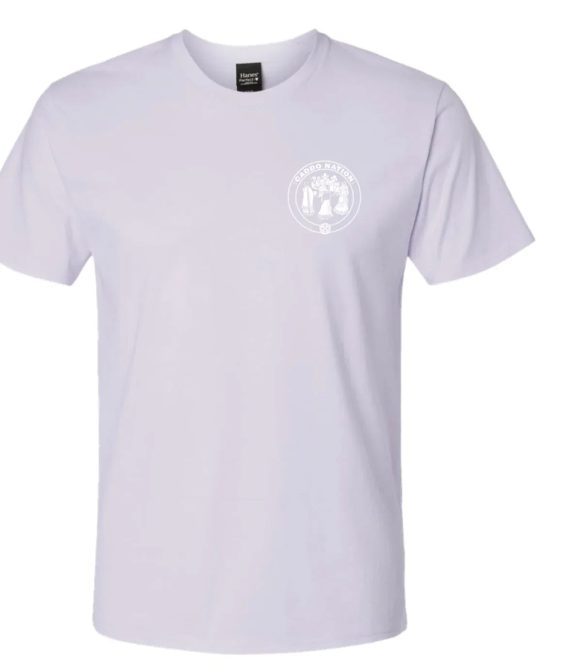 Light purple t-shirt with Caddo Nation emblem, ideal for Native art and cultural apparel
