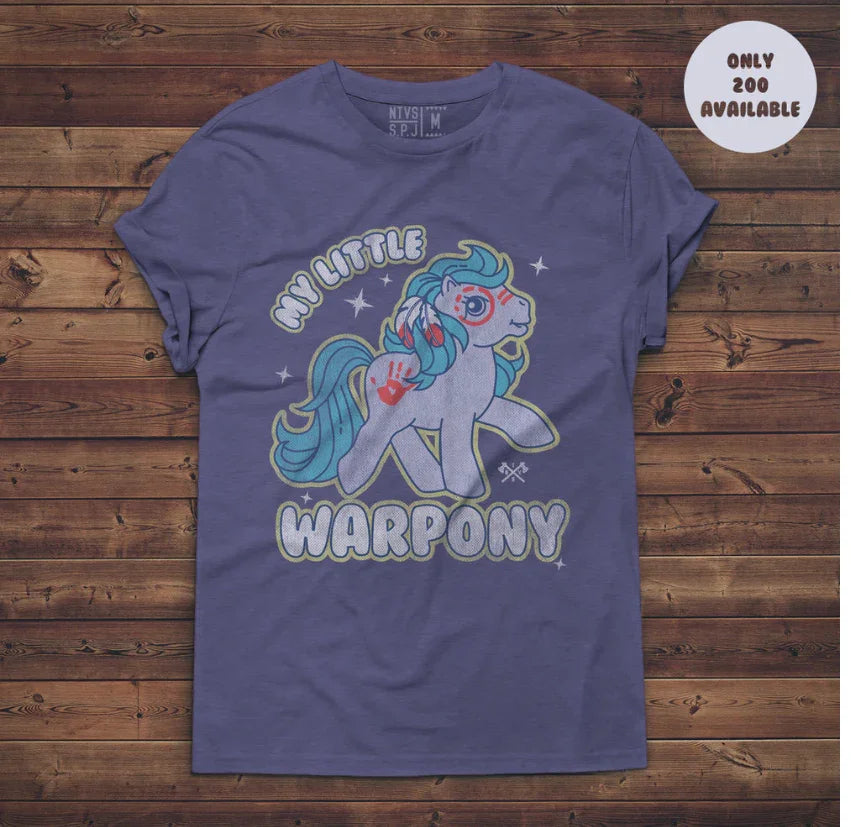 Purple t-shirt with 'My Little Warpony' graphic featuring a stylized pony with turquoise mane and red handprint.