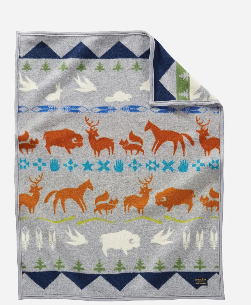 Native-inspired blanket with deer, bison, horses, and geometric patterns for traditional crafts and decor