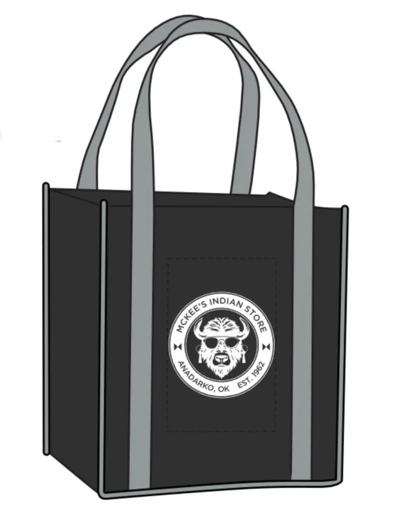 Black reusable tote bag with McKee's Indian Store logo, featuring a bison head, Anadarko OK, est. 1962