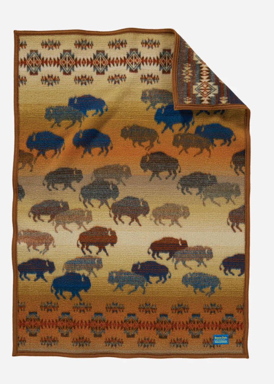 Native American style blanket with bison herd pattern and geometric borders, ideal for traditional crafts and decor