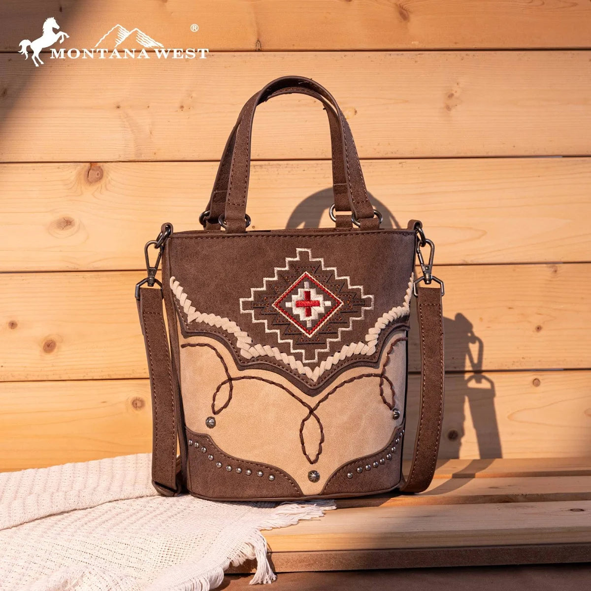 Montana West Embroidered Aztec Bucket Tote/Crossbody - Brown