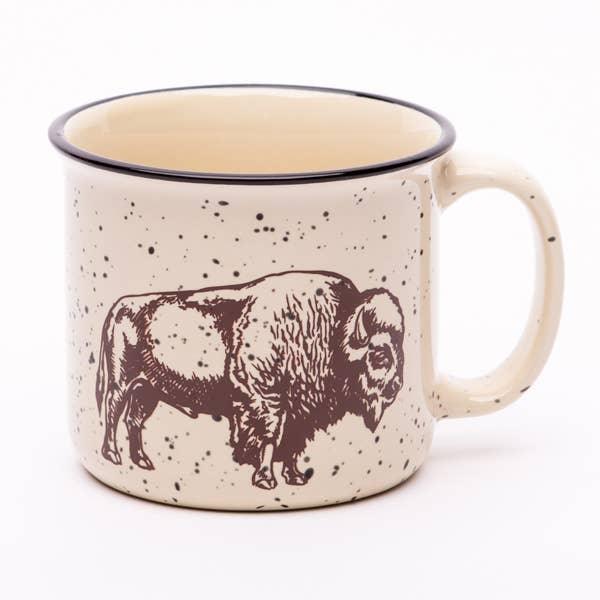 Speckled enamel mug with buffalo illustration, rustic Native American art style