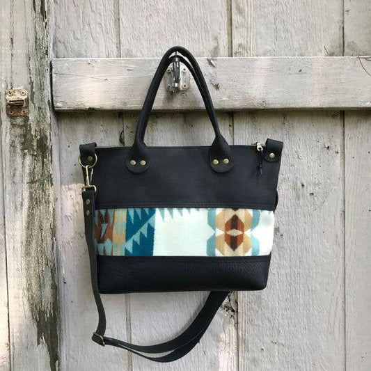 Small leather tote with Pendleton Wool panel, Forearm Straps, BLACK LEATHER
