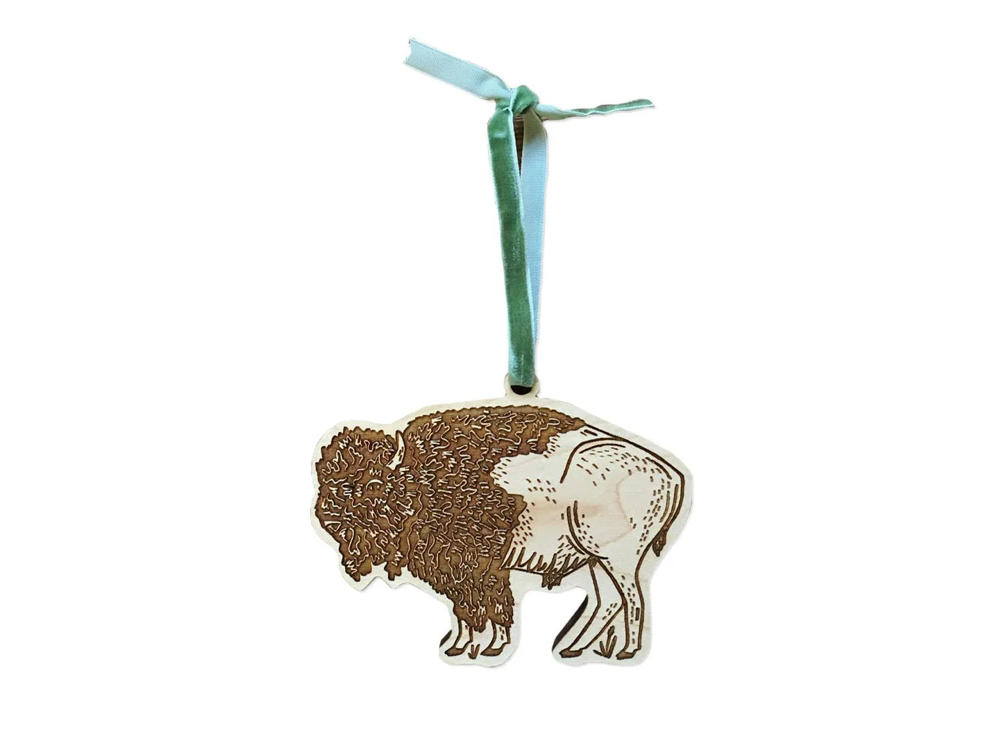 Wooden buffalo ornament with teal ribbon, Native American art craft supply