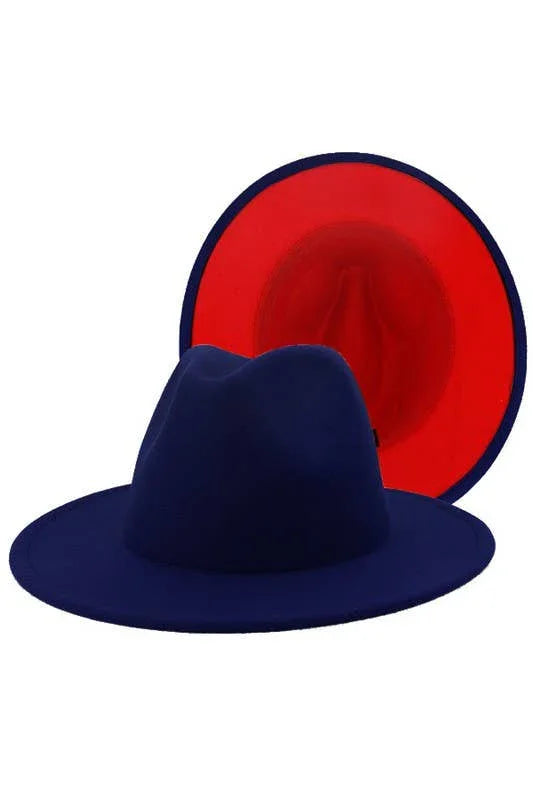 Navy blue fedora hat with red interior, ideal for Native art and traditional clothing crafts