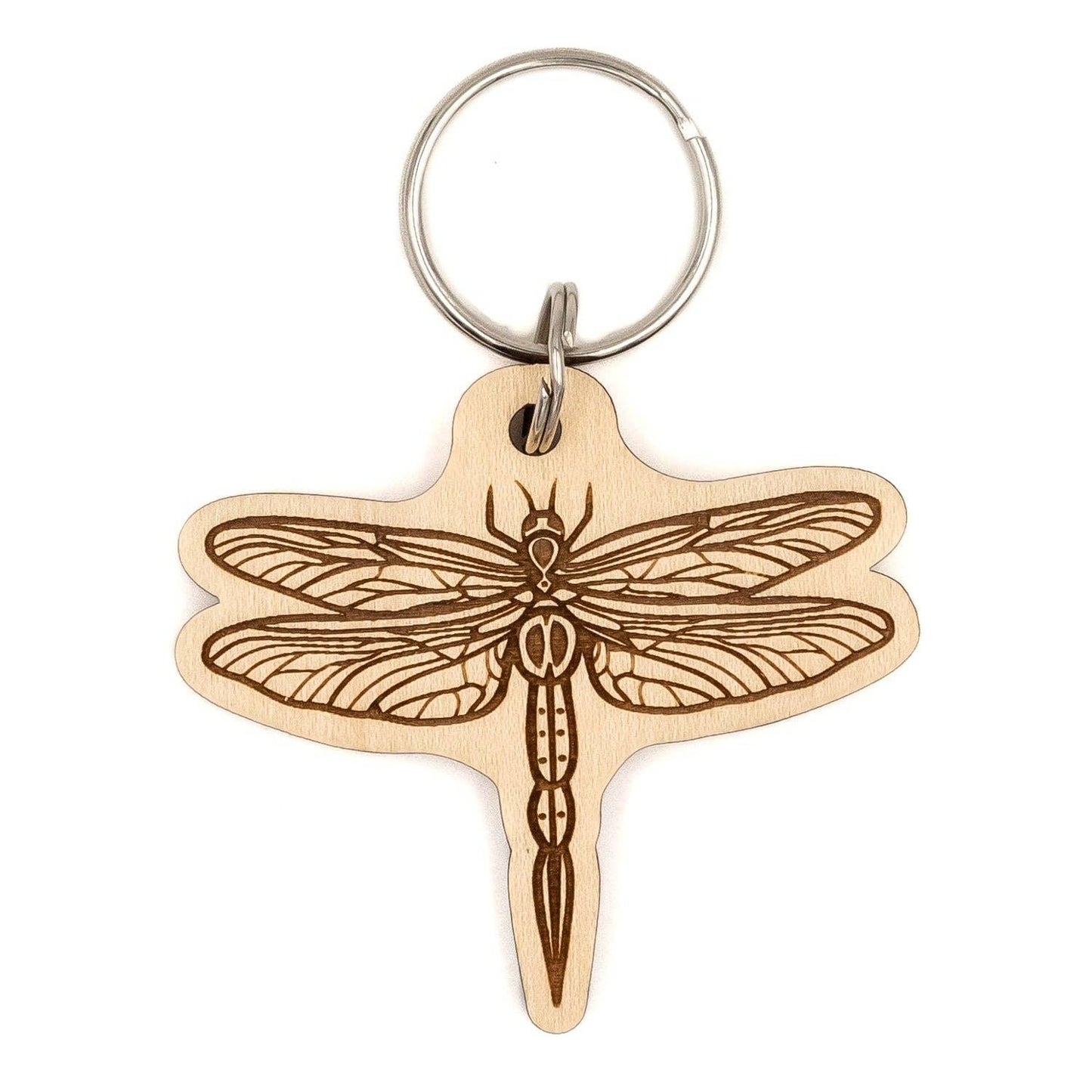 Wooden dragonfly keychain with laser-engraved Native art design, perfect for crafts and traditional decor
