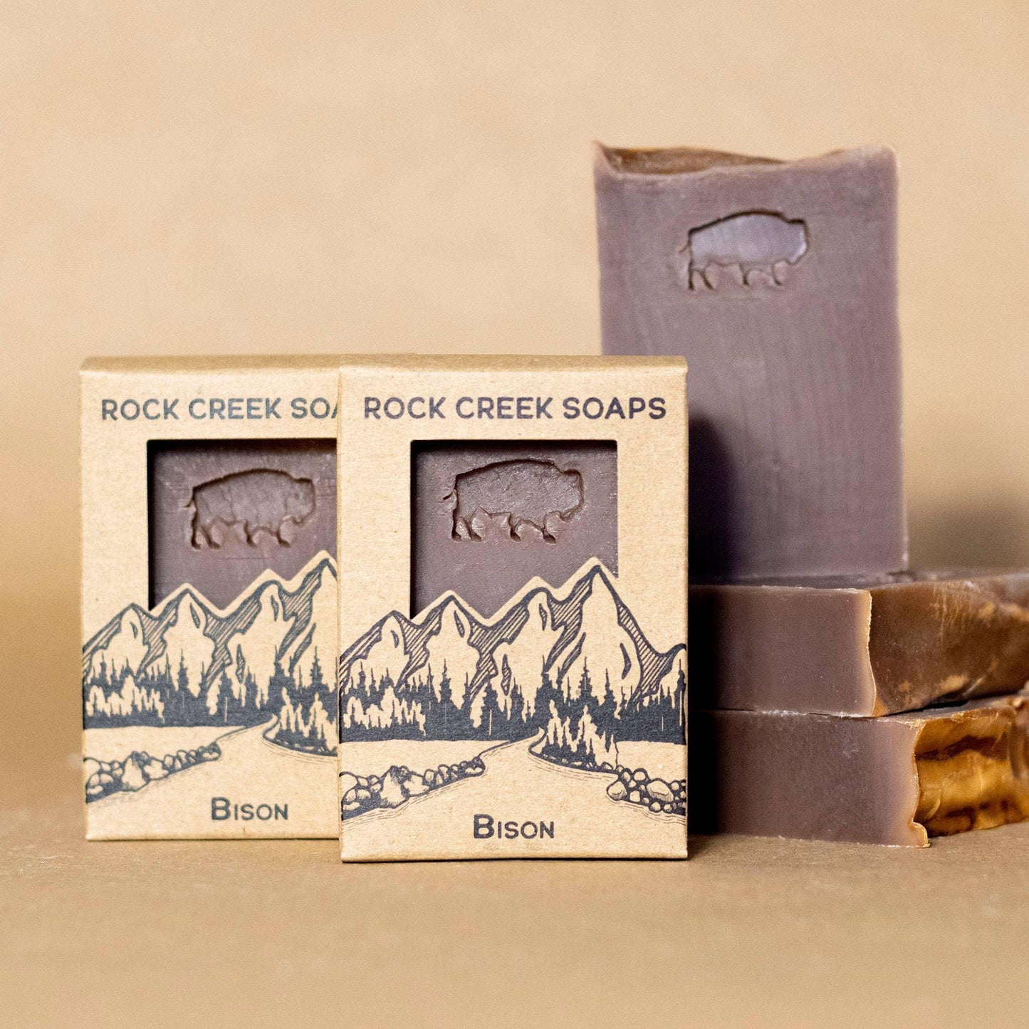 Bison-themed Rock Creek Soaps with mountain design, handmade artisan soap bars for Native art and craft supplies