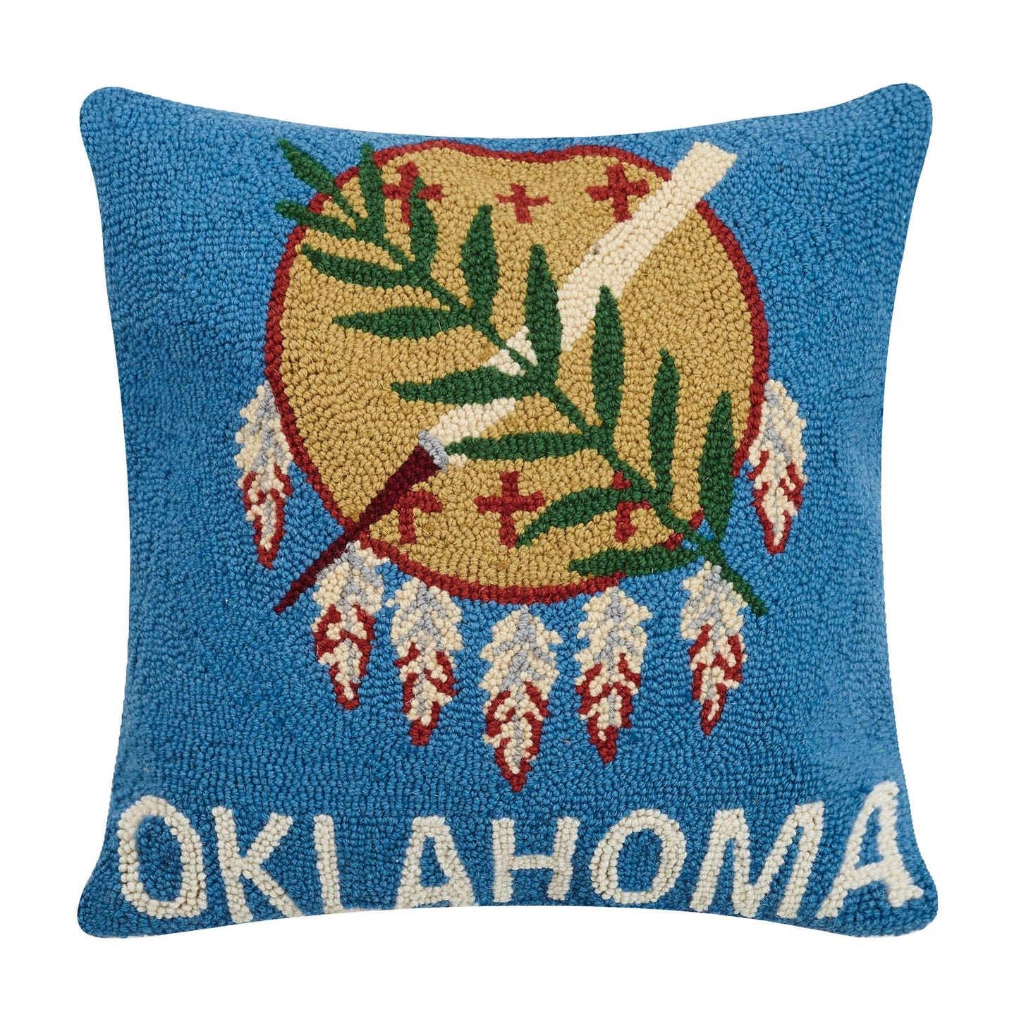 Blue Oklahoma-themed pillow with Native-inspired design and feather motifs