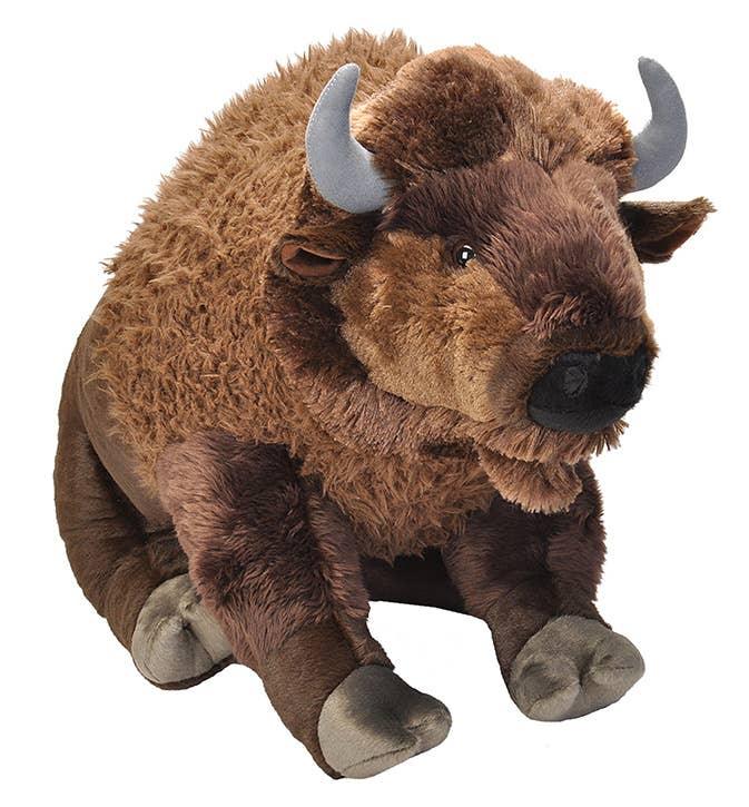 Plush buffalo stuffed animal with brown fur, gray horns, and hooves, ideal for Native art crafts and decor.