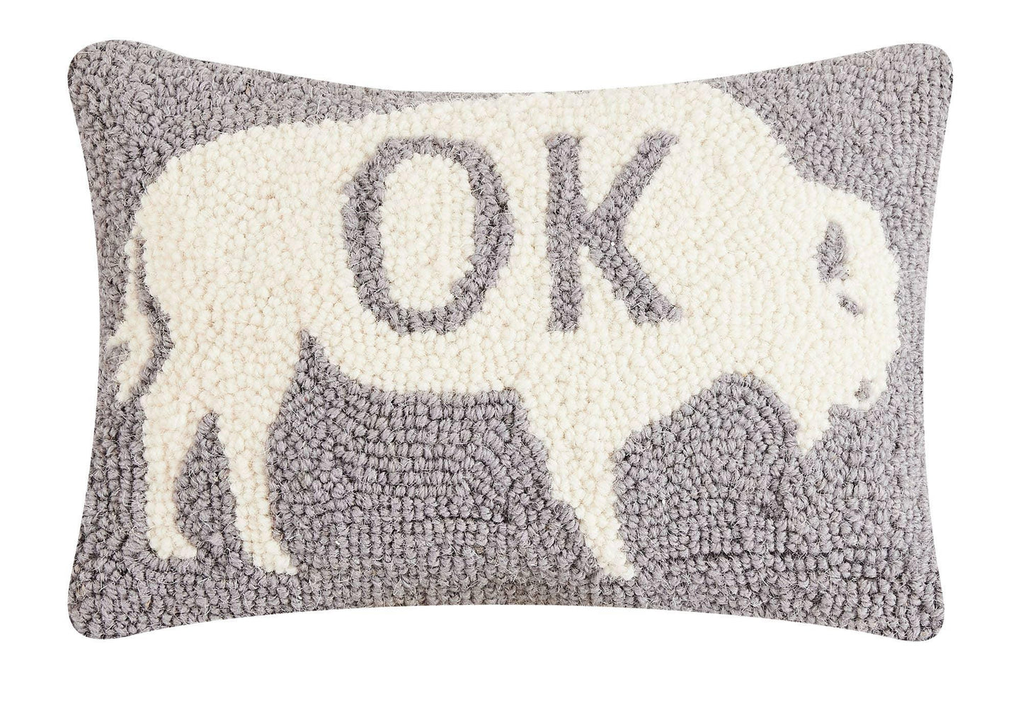 Gray and cream hooked pillow featuring a buffalo silhouette with 'OK' text, ideal for Native art decor.