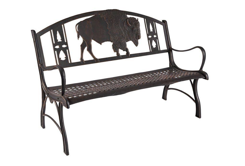 Metal bench with bison silhouette, ideal for Native art decor and outdoor spaces.
