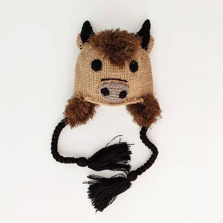 Hand-knit horse-themed beanie with ears, mane, and tassels for Native American crafts and traditional wear