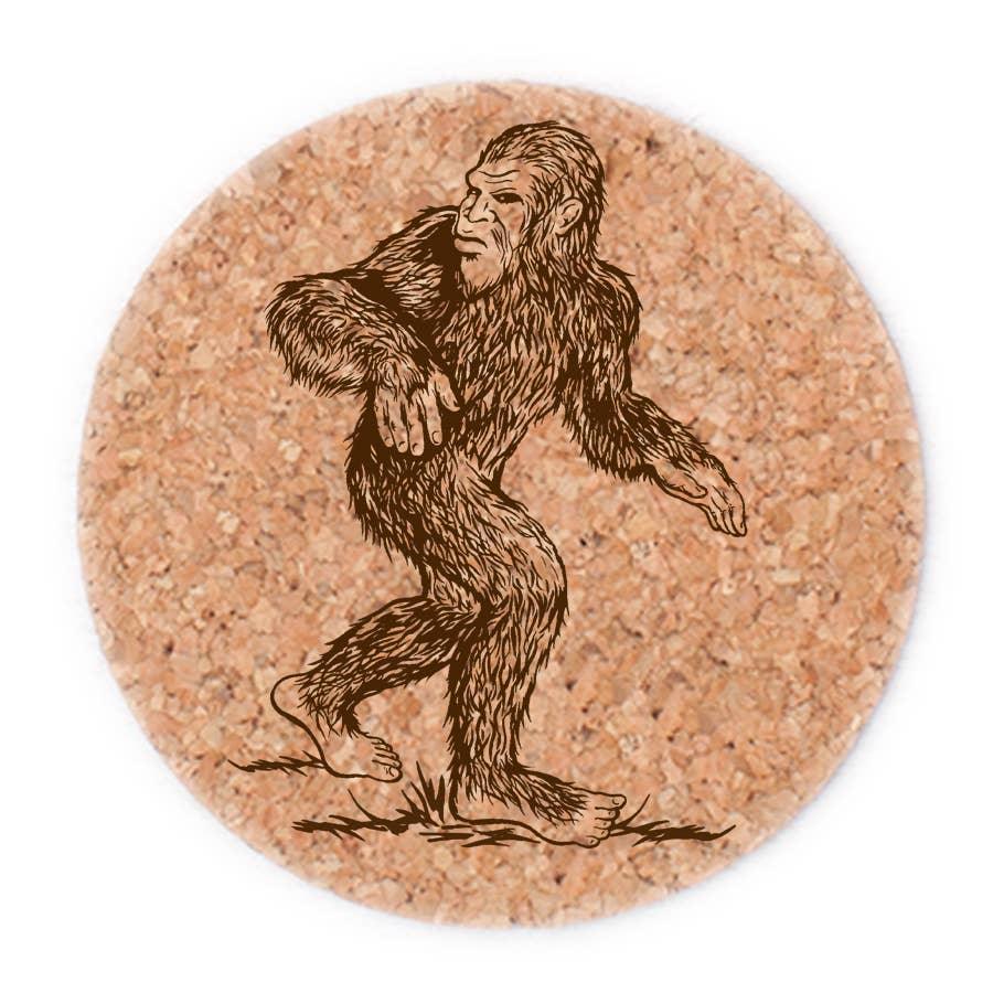 Cork coaster with Bigfoot illustration, rustic design for Native art enthusiasts