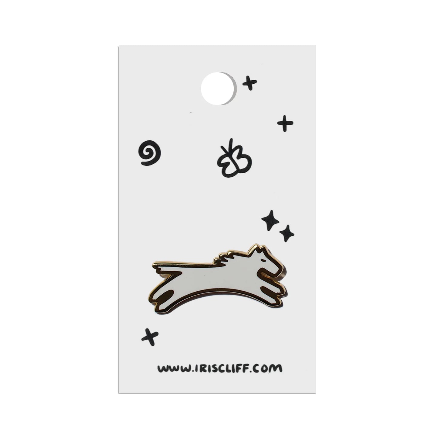 White horse enamel pin with gold outline on display card, ideal for Native art crafts and traditional clothing accessories.