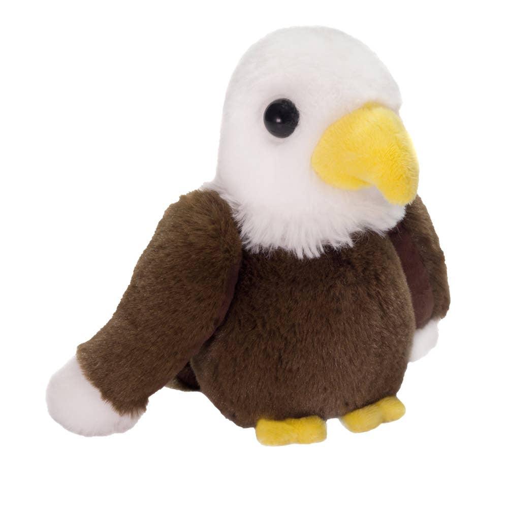 Soft plush bald eagle toy with white head, brown body, yellow beak and feet, ideal for Native art crafts