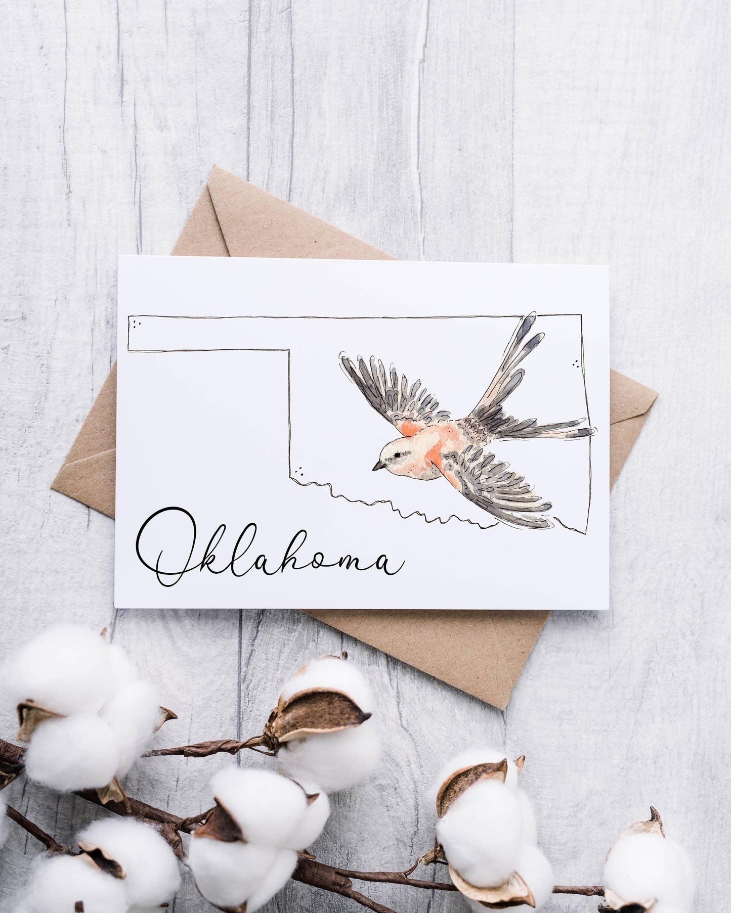 Oklahoma state outline with flying bird watercolor card, cotton bolls, rustic envelope