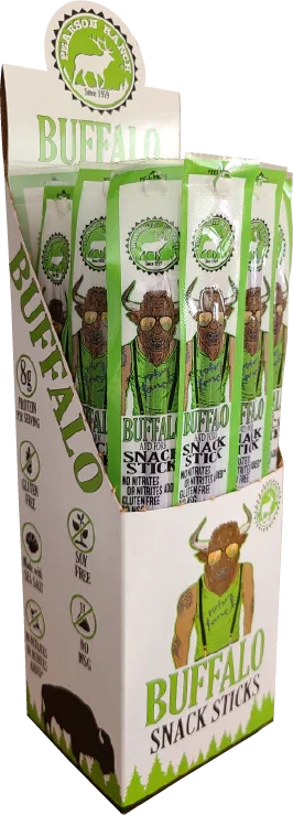 Buffalo Snack Sticks in green packaging, gluten-free, soy-free, no nitrates, featuring cartoon bison mascot