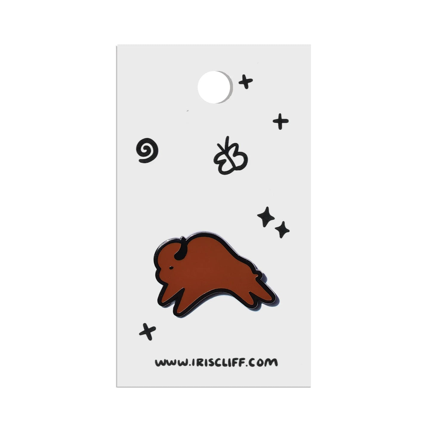 Brown bison enamel pin with black outline, decorative symbols on white card, Native art craft accessory