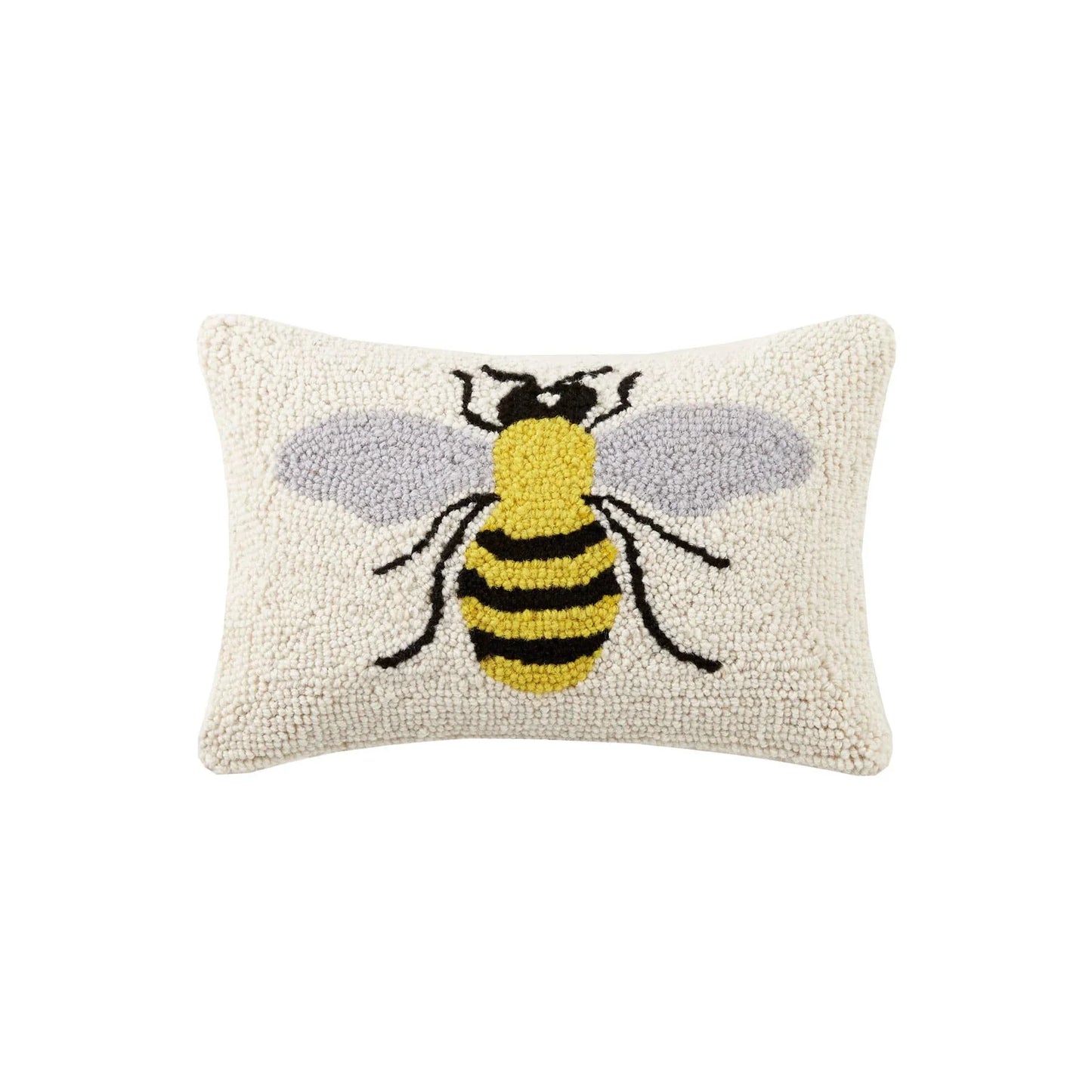 Cream hooked pillow with yellow and black bee design, gray wings, handmade decorative accent