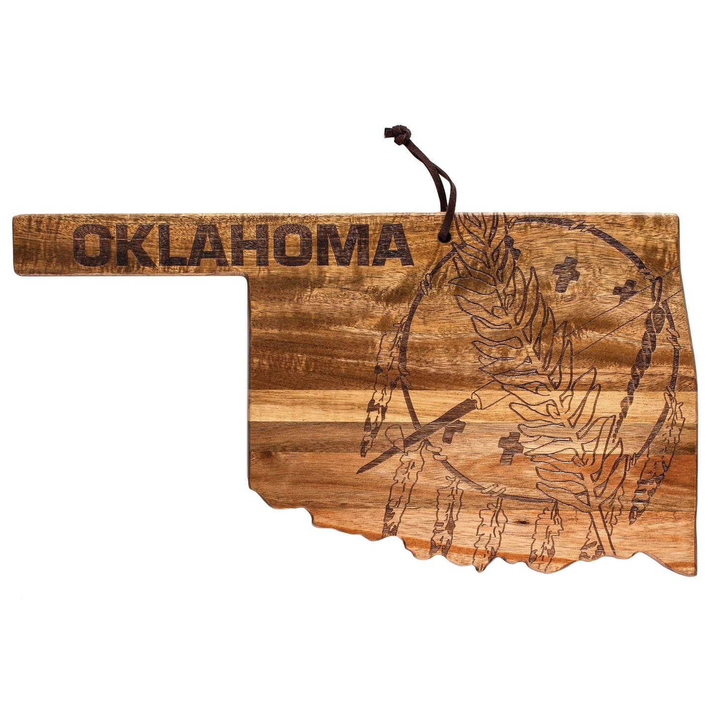 Wooden Oklahoma state outline with Native American feather design, perfect for Native art decor