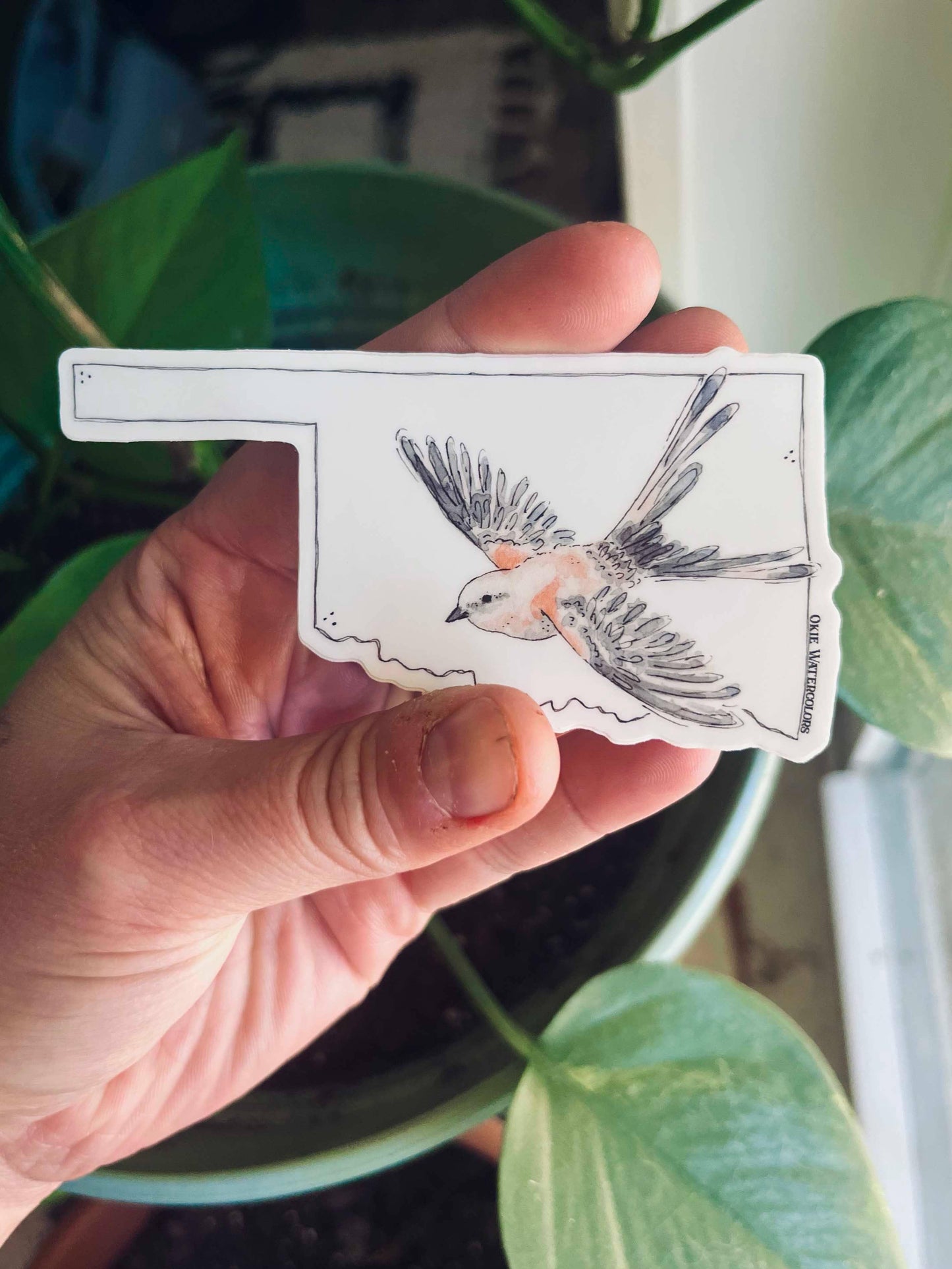 Hand holding Oklahoma-shaped sticker with watercolor bird, perfect for Native art crafts and supplies.