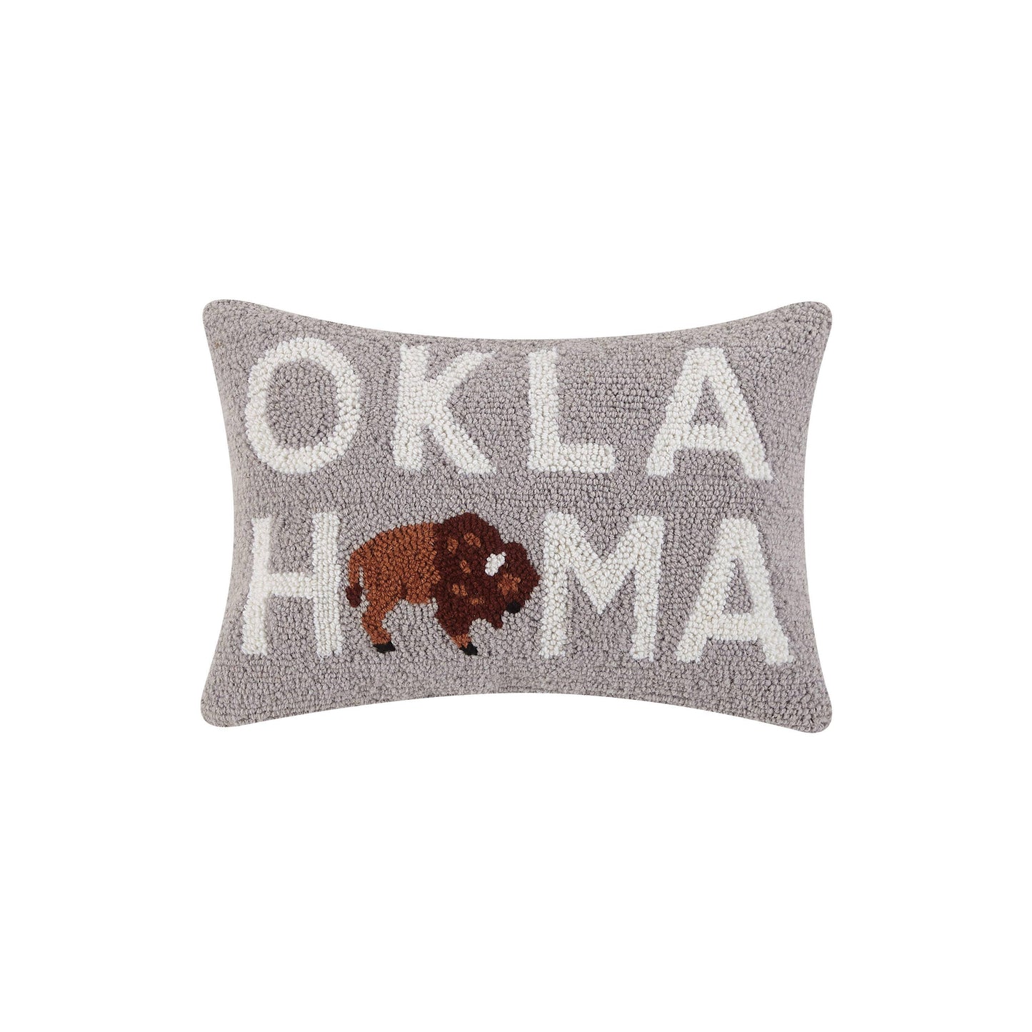 Gray hooked pillow with 'OKLAHOMA' text and bison design, Native American art decor