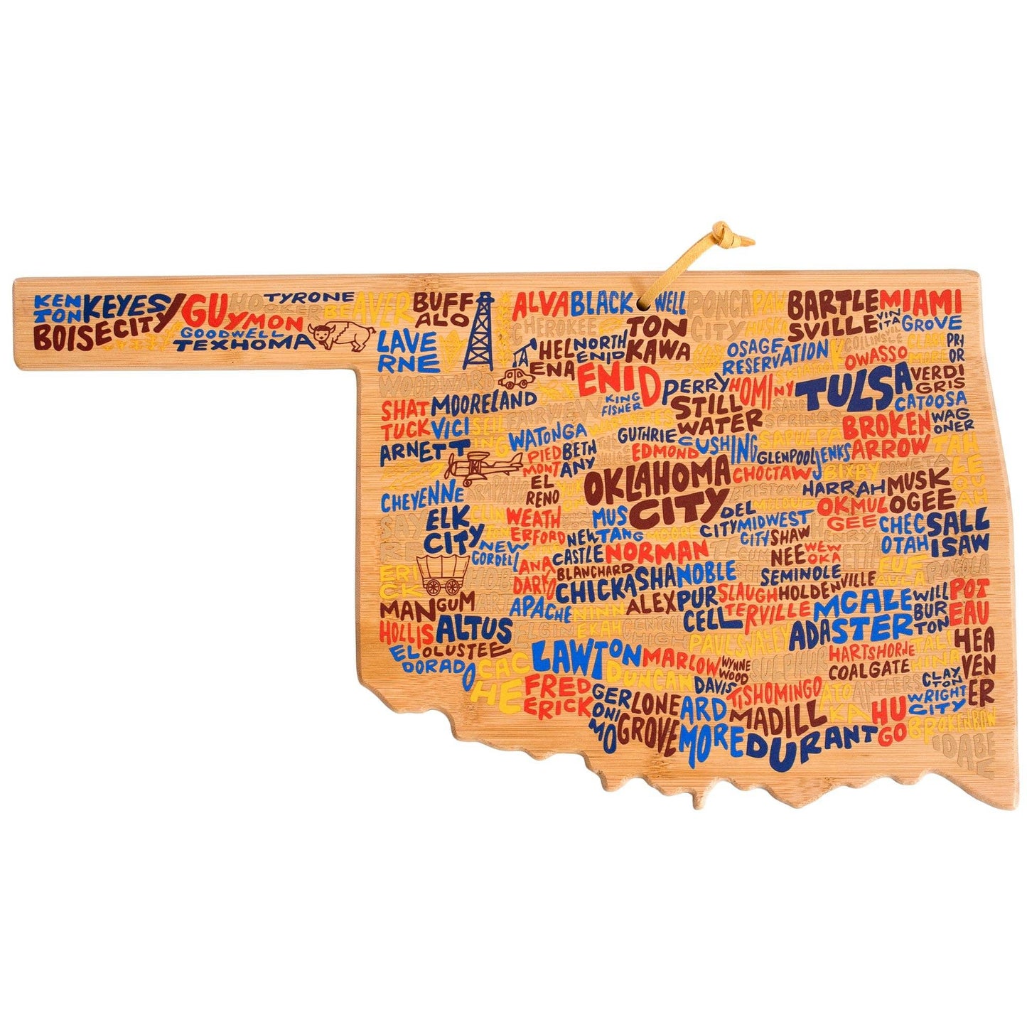 Wooden Oklahoma state map cutting board with colorful city names, perfect for Native art and craft supplies.