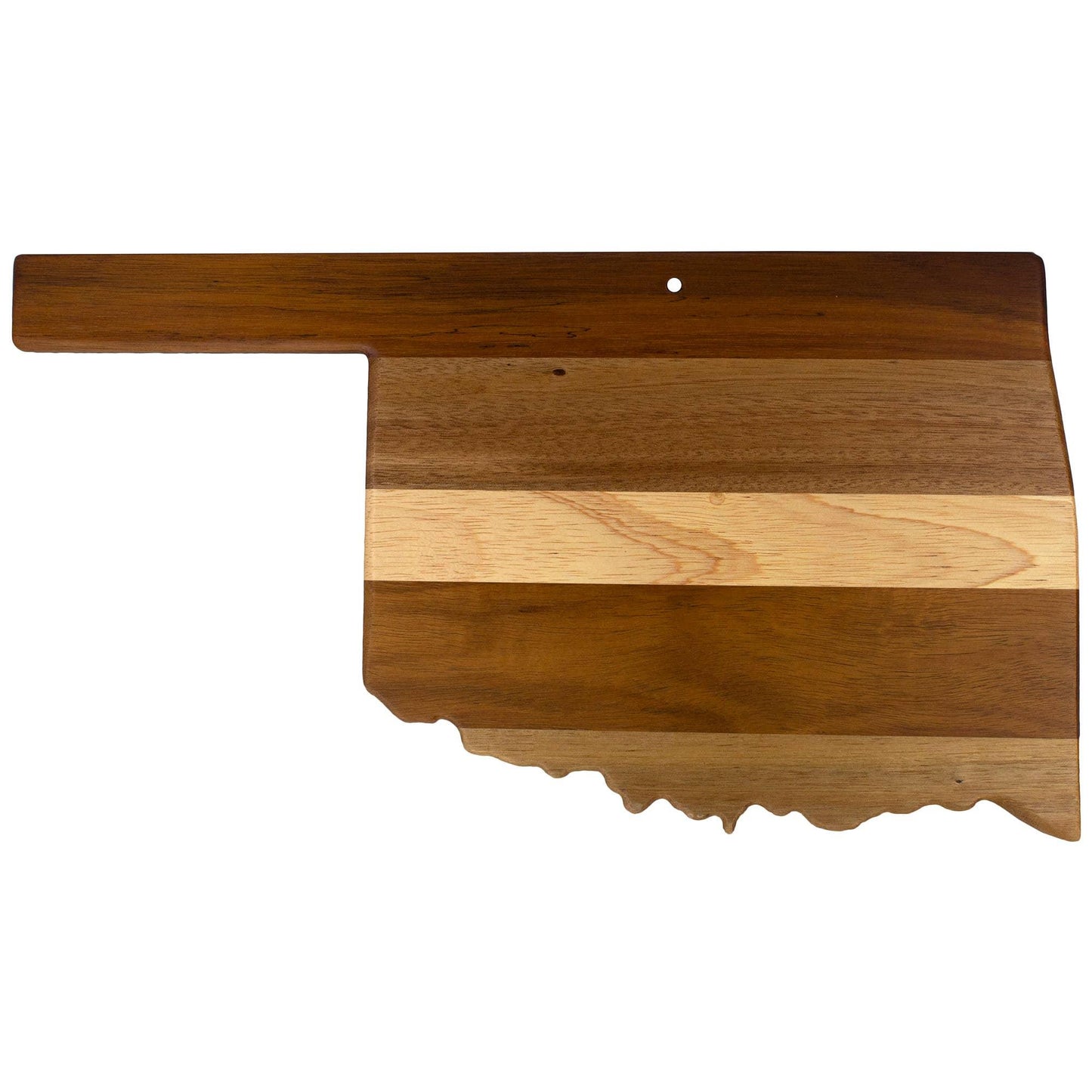 Wooden Oklahoma state-shaped cutting board with natural grain patterns and hanging hole