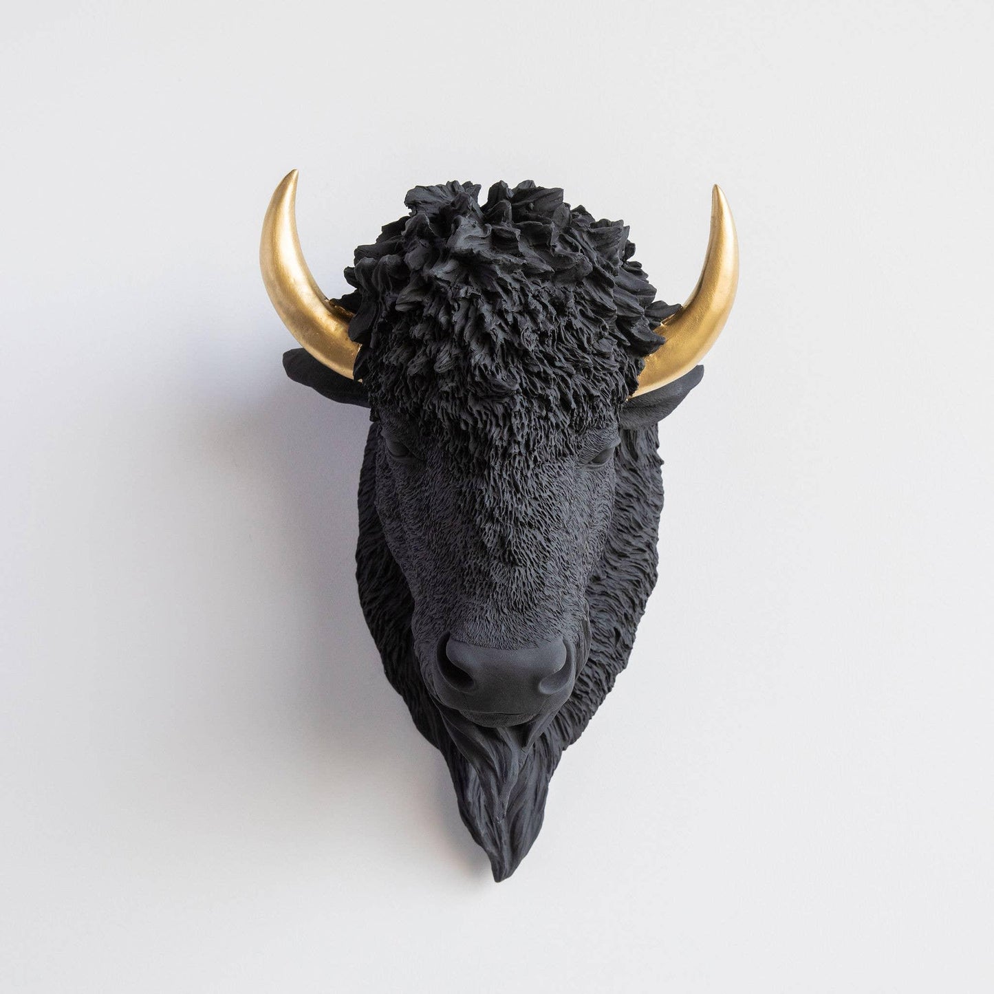 Black buffalo head wall decor with gold horns, Native art inspired sculpture