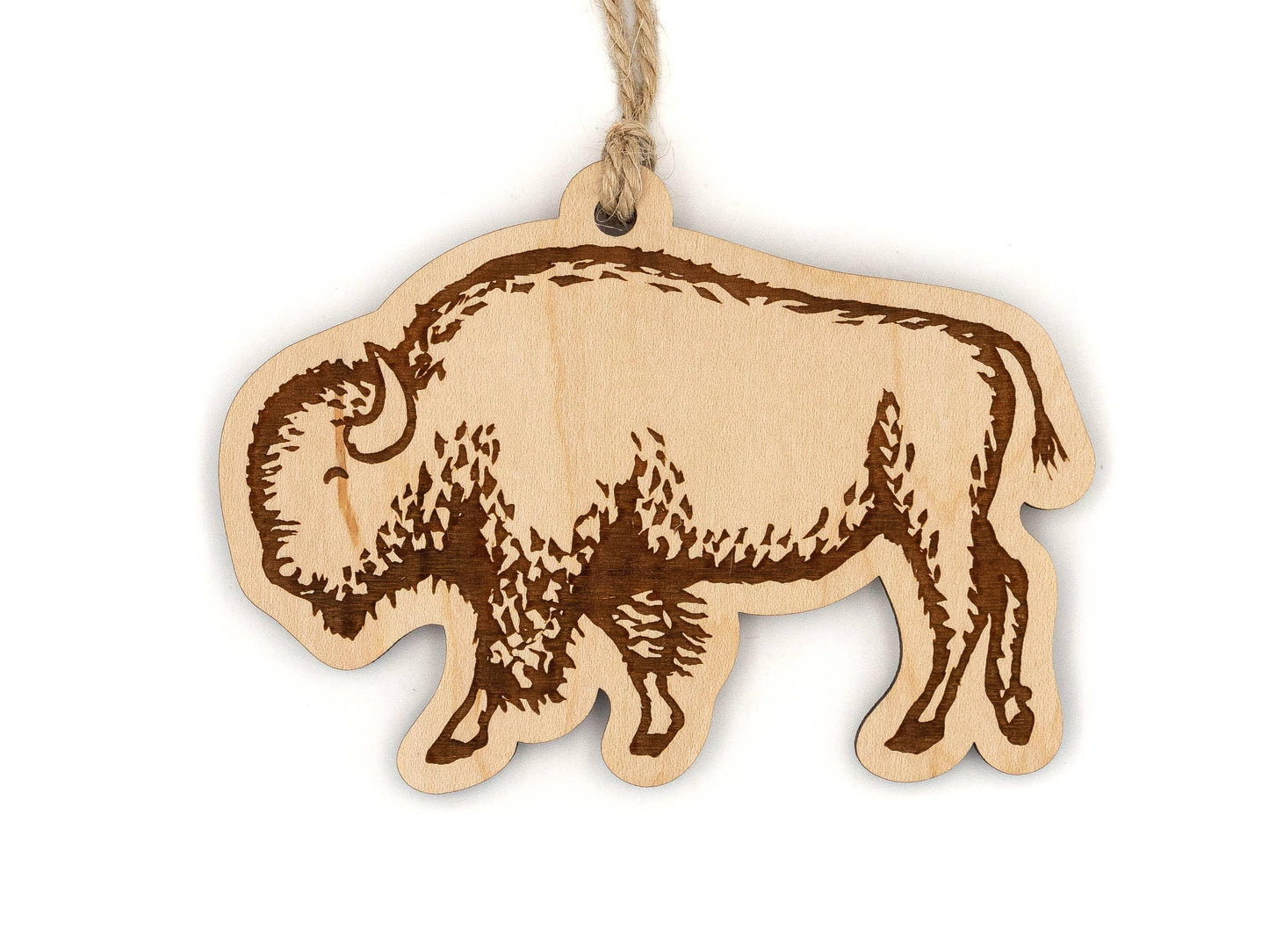 Laser-cut wooden bison ornament with rustic twine hanger, Native American art craft supply