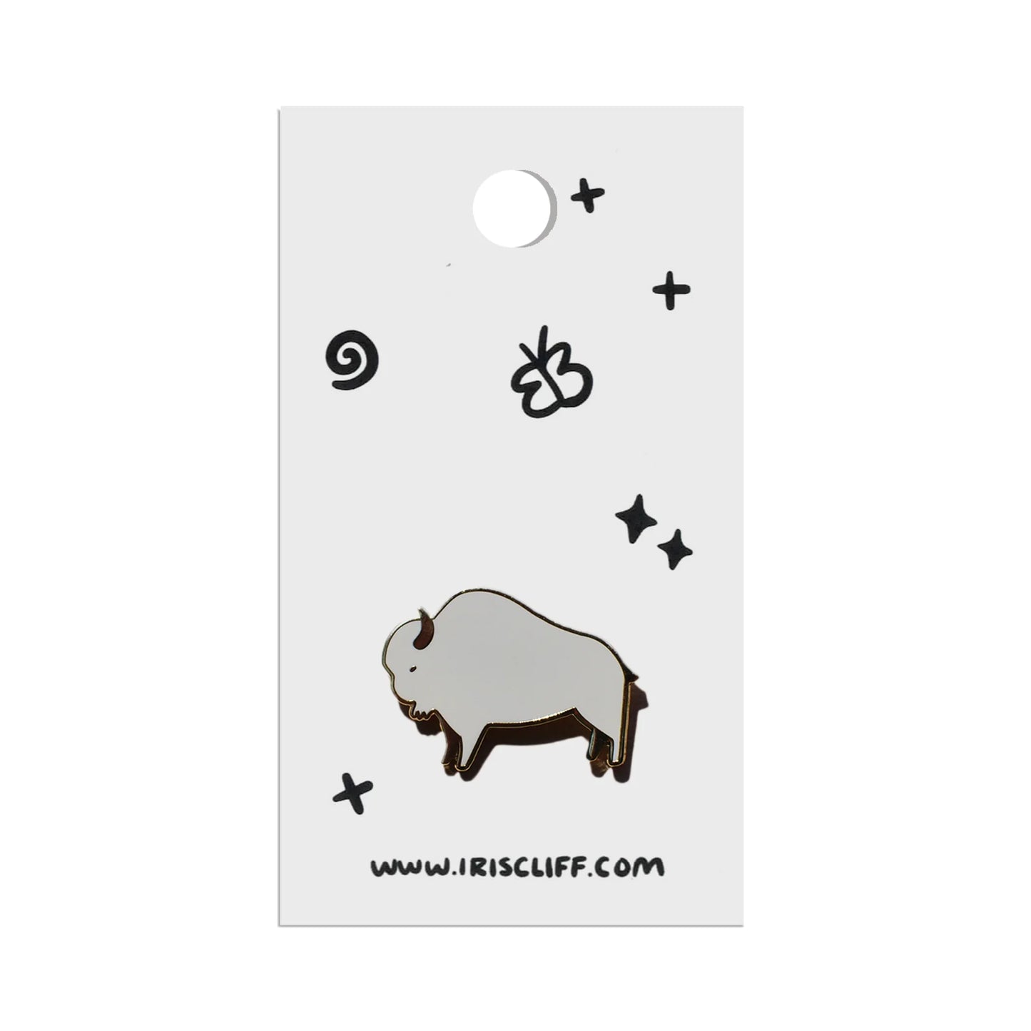 White bison enamel pin with gold outline, Native-inspired symbols on display card