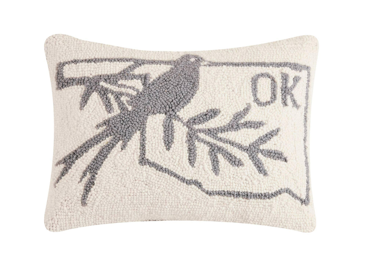 Handcrafted hooked pillow with gray bird on branch, 'OK' state outline, Native art style
