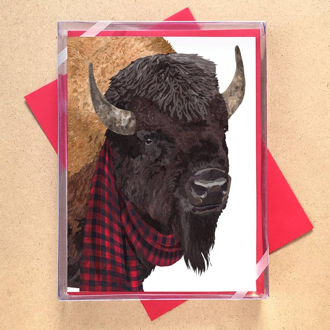 Bison art print with red plaid scarf, Native American inspired decor for home or gift