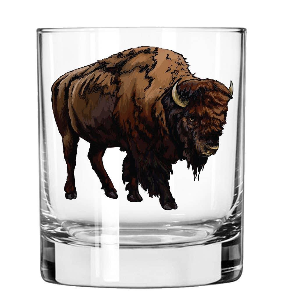 Clear glass tumbler with detailed bison illustration, perfect for Native art enthusiasts and craft supplies.
