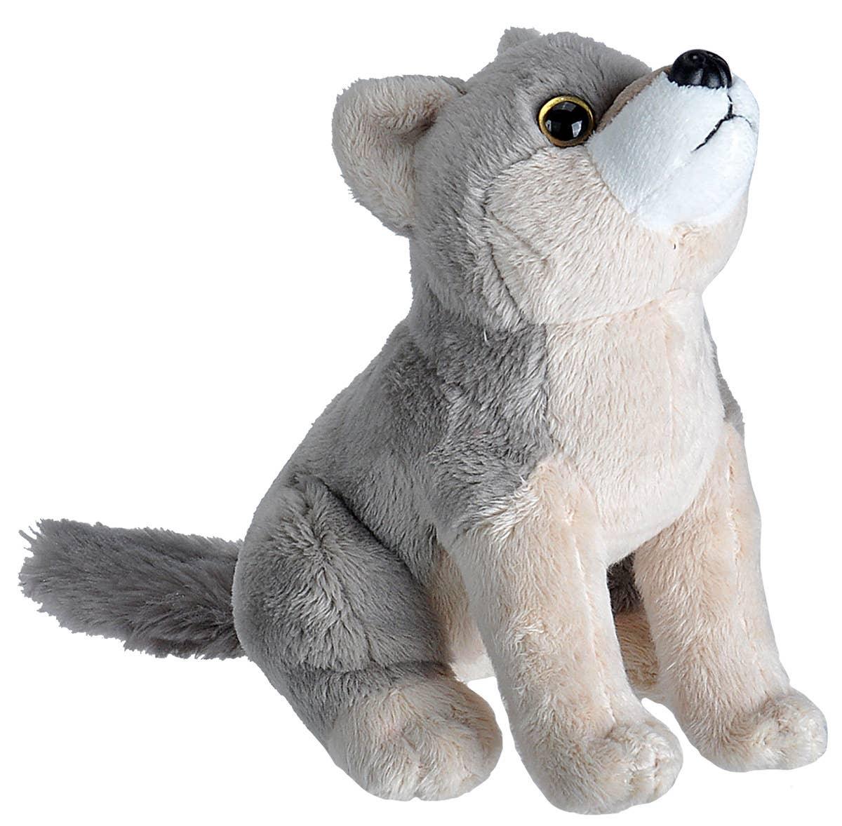 Soft gray and cream plush wolf toy, perfect for Native art crafts and children's collections