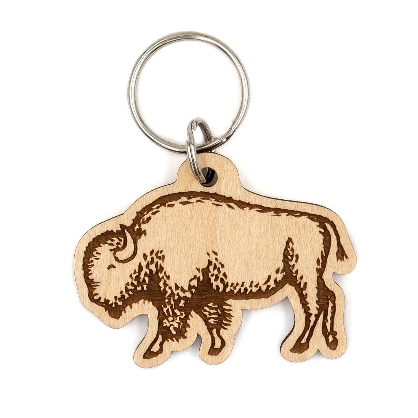 Wooden bison keychain with laser-engraved details, Native American craft supply