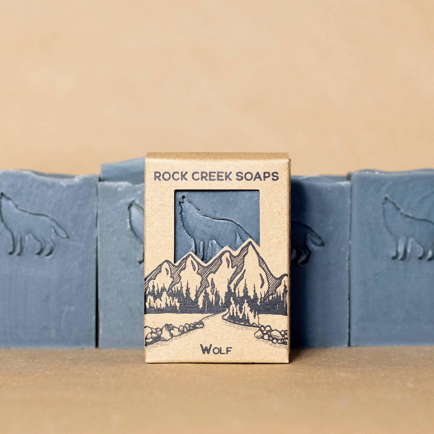 Wolf-themed soap bar with mountain design, Rock Creek Soaps packaging, natural artisanal bath product